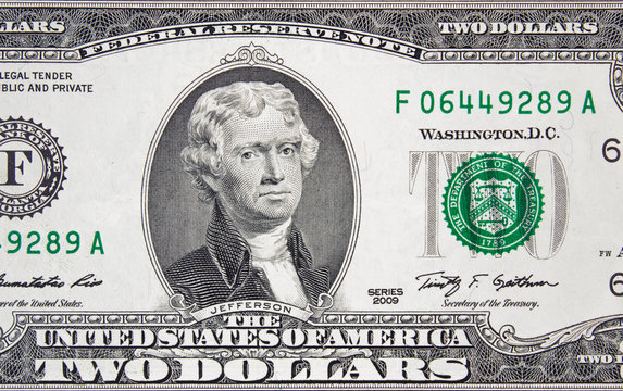 President Thomas Jefferson on US 2 dollar bill close up, Unites States federal fed reserve note..