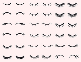 Eyelashes set. Woman beauty Closed eyes. False lashes collection. vector