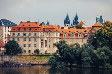 View of colorful Prague europe castle with river Vltava and old town, Czech Republic. Concept travel
