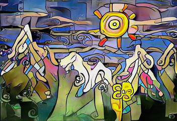 Fototapeta premium Child's Painting. Mountains Landscape