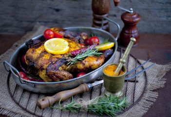 Chicken baked with turmeric, chicken fried with vegetables