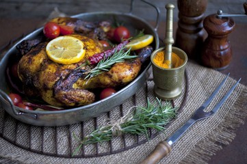 Chicken baked with turmeric, chicken fried with vegetables