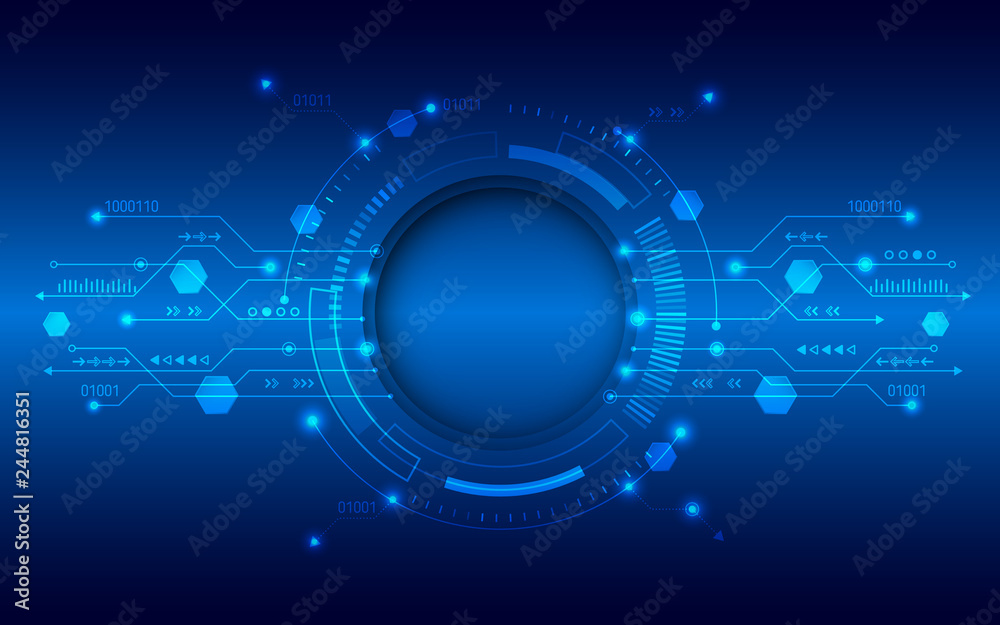 Poster high-tech futuristic background with various technology elements. circuit board vector illustration.
