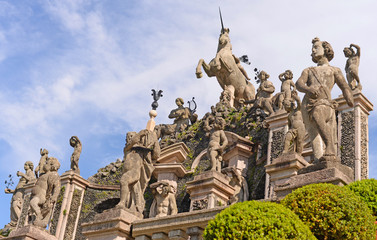 Antique sculptures in the gardens of Isola Bella in Lago Maggiore in the province of Piedmont in Italy