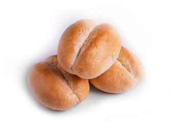 Three freshly baked buns isolated on white background