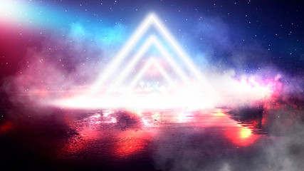Light pyramid triangle. Neon triangle in the center, light, rays, smoke. Abstract background with...