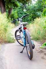 Fototapeta na wymiar Children's bike stands on the old overgrown sidewalk.
