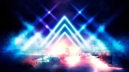 Light pyramid triangle. Neon triangle in the center, light, rays, smoke. Abstract background with rays and neon.