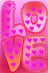 LOVE Hippie, Retro, cute, hearts, colorful hand drawn lettering typography 60's, 70's style design, valentine, romance