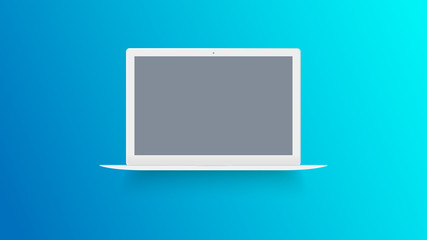 White laptop mockup on color background. Macbook with blank screen. Open notebook front view. Modern thin ultrabook vector illustration. Realistic isolated model with place for text or advertising.