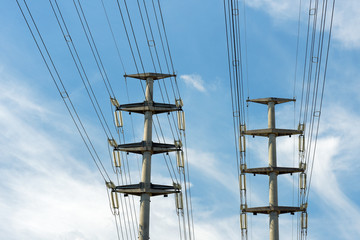 Closeup of electric power pole under blue sky