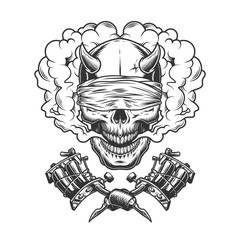 Vintage monochrome demon skull with blindfold