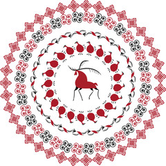 Plate with decorative elements  folk art of northern region of Russia. Mezensky red firebird. Illustration, vector frame template