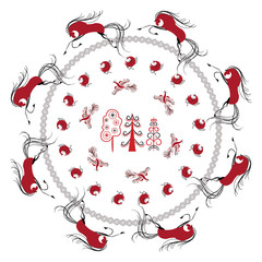 Decorative pattern in style of traditional folk art from the north of Russia, named Mezen painting, with stylized horses, deers, trees, and abstract decorative elements