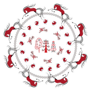 Decorative pattern in style of traditional folk art from the north of Russia, named Mezen painting, with stylized horses, deers, trees, and abstract decorative elements