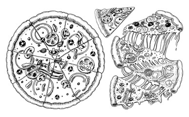 Set of pizza with cheese. Yummy italian vegetarian food with tomatoes, olives and eggplant. Sketch for restaurant menu. Hand drawn template. Vintage style.