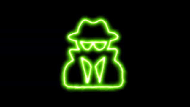 The appearance of the green neon symbol user secret. Flicker, In - Out. Alpha channel Premultiplied - Matted with color black