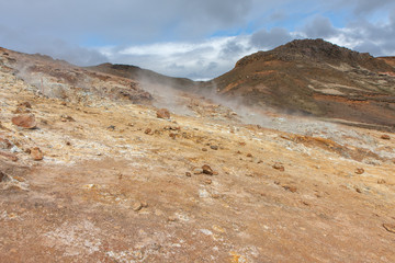 View from mountain climbing among fumaroles, Krysuvík, Iceland