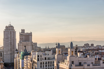 View of a central and classical area of the city of Madrid in a beautiful sunset
