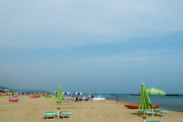 The Beach from San Benedetto del Tronto with loungers chairs and umbrellas, Adriatic Sea, Ascoli Piceno, Italy