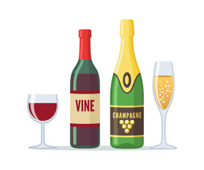 Bottles of red wine and champagne icon in flat style. Full champagne and wineglass. Isolated on white background. Vector illustration.