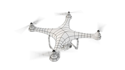 The image of a white quadcopter (air drone). Drone flying with action camera. Wire-frame style. 3D illustration. Isolated on white background.