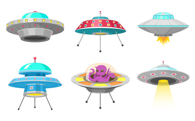 Naklejka na ściany i meble Alien spaceships, Set of UFO unidentified flying object, Fantastic rockets, Cosmic spacecrafts in universe space. Vector Illustration on white background. GUI elements, Cartoon style, Flat game.