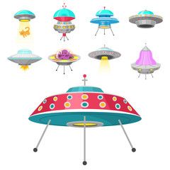 Alien spaceships, Set of UFO unidentified flying object, Fantastic rockets, Cosmic spacecrafts in universe space. Vector Illustration on white background. GUI elements, Cartoon style, Flat game.