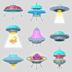 Set of UFO stickers. Alien spaceships, unidentified flying object, Fantastic rockets, Cosmic spacecrafts in universe space. Vector Illustration on white background. GUI elements, Cartoon Flat game.