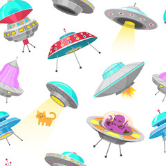 Fototapeta premium UFO Seamless pattern. Alien spaceships, unidentified flying object, Fantastic rockets, Cosmic spacecrafts in universe space. Vector Illustration on white background. GUI elements, Cartoon Flat game.