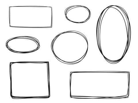 Hand drawn frames on white. Abstract frameworks. Line art. Set of different shapes. Black and white illustration. Doodles for artwork