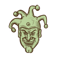 Drawing sketch style illustration of head of a demented medieval court jester, harlequin or fool with a sarcastic silly grin or smile on isolated white background.