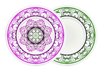 decorative plates for interior design. Empty dish, porcelain plate mock up design. Vector illustration. Decorative plates with Mandala ornament patterns. Home decor background