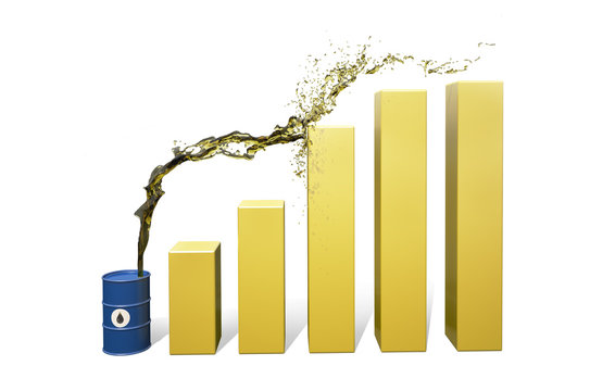 Oil is poured down from the barrel. Symbol of falling prices in the stock market. 3D illustration. Isolated on white background.