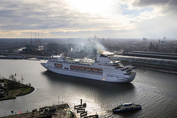 Large cruise ship in the harbor of Amsterdam, Netherlands