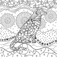 Foto op Canvas Ornate wallpaper with dog. Hand drawn waved ornaments on white. Abstract patterns on isolated background. Design for spiritual relaxation for adults. Line art. Black and white illustration © mikabesfamilnaya