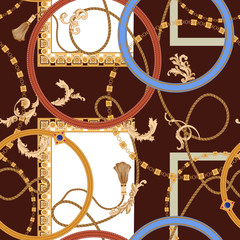 Baroque seamless pattern with chains, gems and ropes. Vector patch for print, fabric, scarf