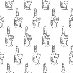 a bottle of champagne and the glass seamless vector pattern isolated on white background
