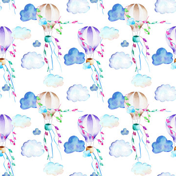 Watercolor festive hot air balloons in the sky seamless pattern