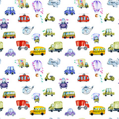 Watercolor cars and air transport seamless pattern