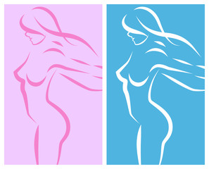 Vector Flyer design - Beautiful slim body of a lady's figure on a pink and blue background.