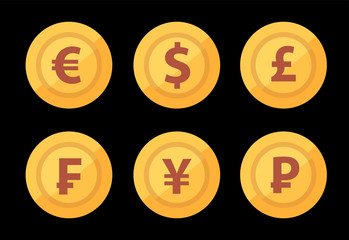 Set of golden world Great currency symbols isolated on dark black color - Flat vector illustration exchange design.