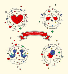 Happy Valentin's day. Set of colorful line illustrations. Pierced heart, love doves, stemware, gender signs