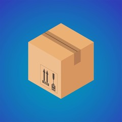 Closed cardboard box on blue background. Isometric cardboard box with the postal signs of this side is fragile.