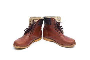 Male brown leather boot, footwear fashion isolated on white background.