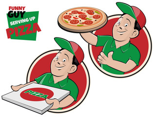 funny cartoon guy serving pizza sign