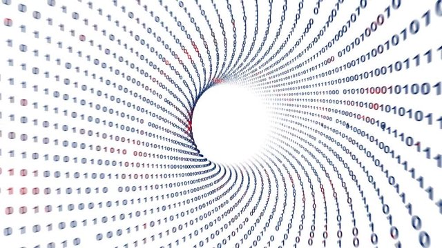 Artistic digital computer data travel through tunnel with computer blue and red coloured binary numbers on white background. 