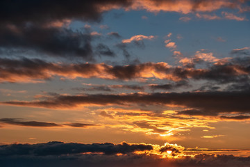 Fototapeta na wymiar Beautiful sunset sky with dramatic clouds and twilight light, summer nature background