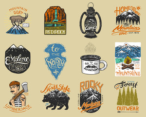 Camping logo and labels. Mountains and lumberjack, brown bear, mountain goat, pine trees. Trip in the forest, outdoor, adventure is waiting. Colored badges on the chalkboard. Hand drawn vintage pins.