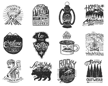 Camping logo and labels. Mountains and lumberjack, brown bear, mountain goat, pine trees. Trip in the forest, outdoor, adventure is waiting. Set of badges on the chalkboard. Hand drawn vintage pins.